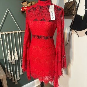 MinkPink Red Lace Bell Sleeve Mini Dress NWT Size XS